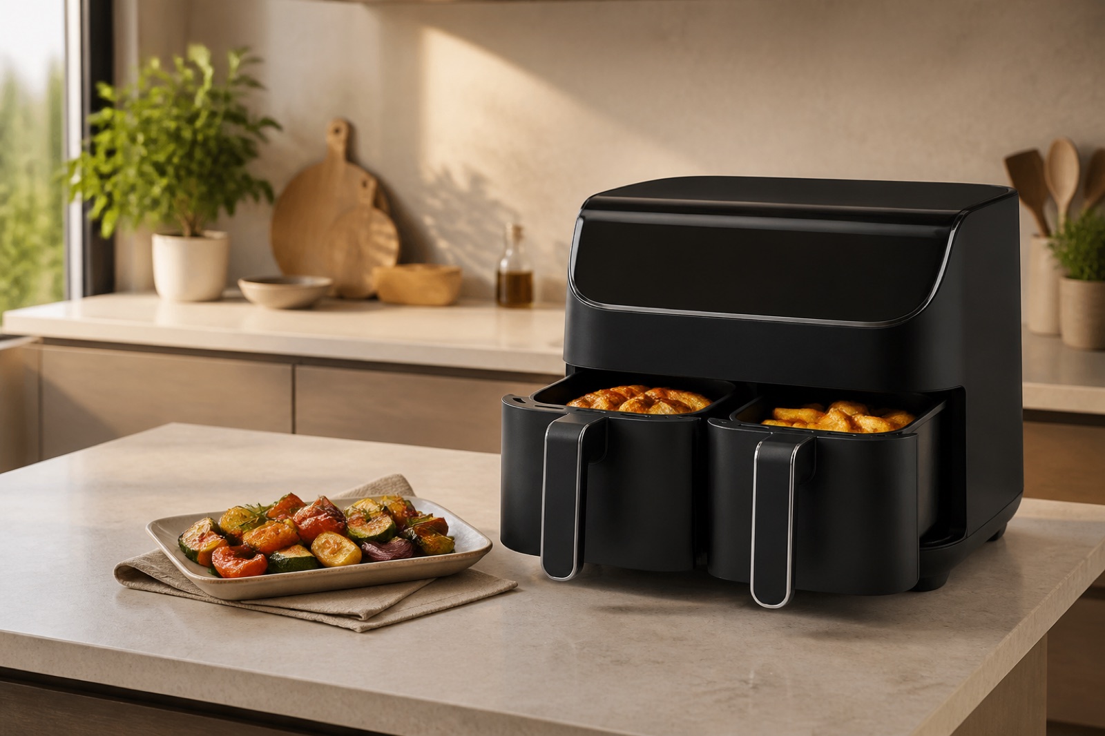 Friggitrice ad aria generica a doppio cestello su un piano cucina